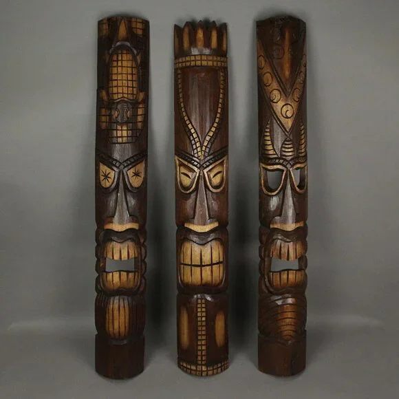 Hand-Carved Tropical Tiki Masks - Set of 3 Unique Wall Sculptures, 39.75” Each